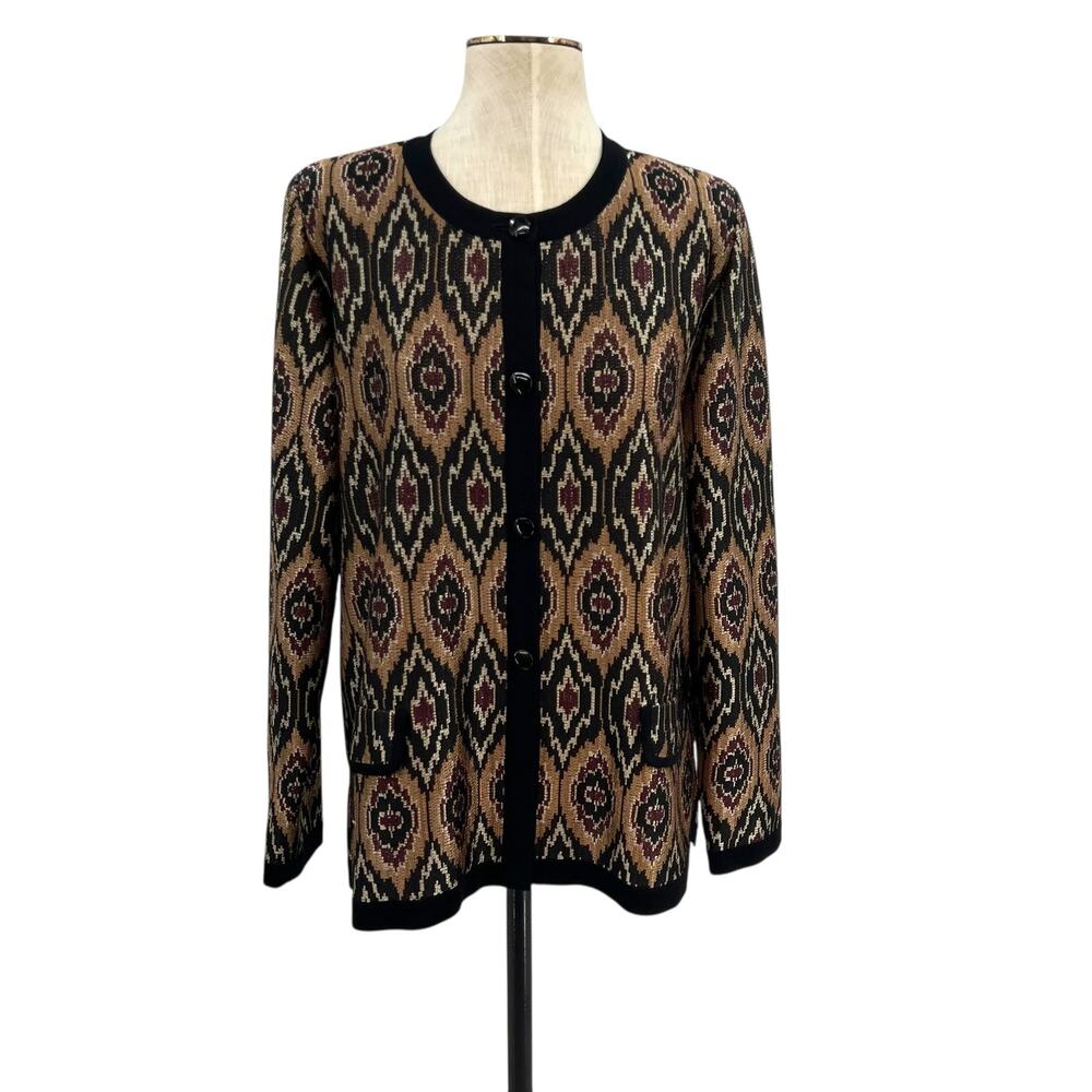 Exclusively Misook Cardigan Sweater Metallic Ikat Print Gold Black‎ Size XL